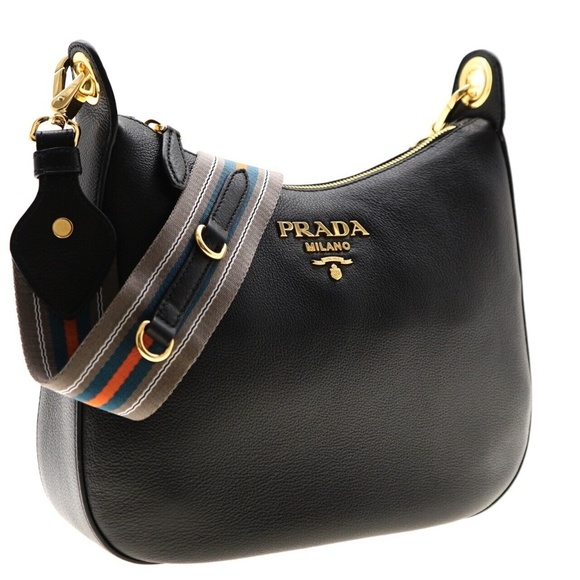 Prada Hobo Web Strap Shoulder Bag Black Leather New - Picture 2 of 5